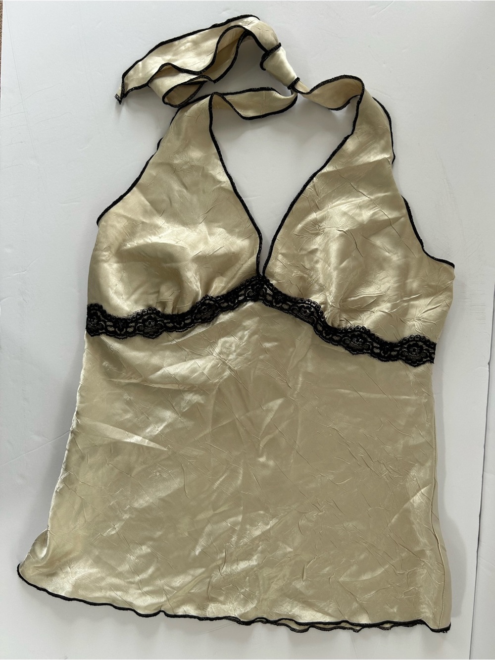 Halo Cream Satin Halter Chemise with Black Lace Trim